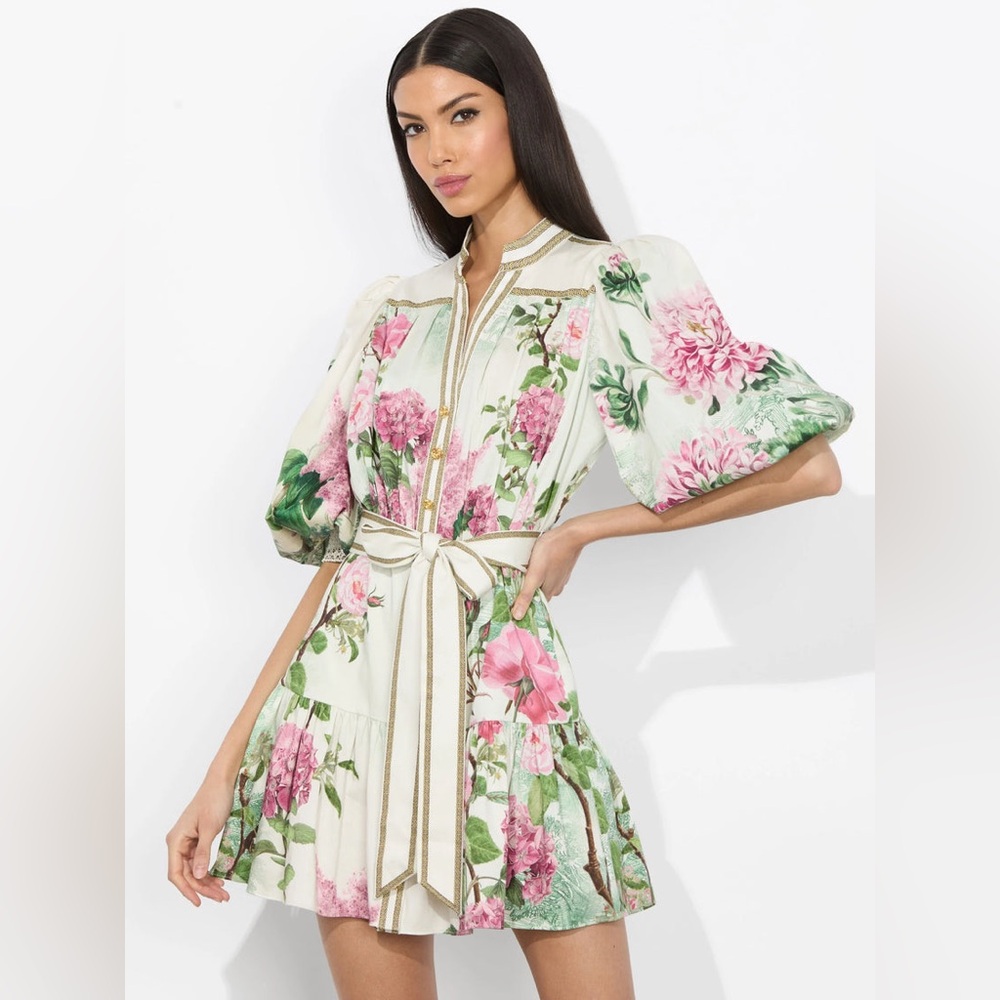 Alice + Olivia White Floral Mini Dress with Pink and Green Print
